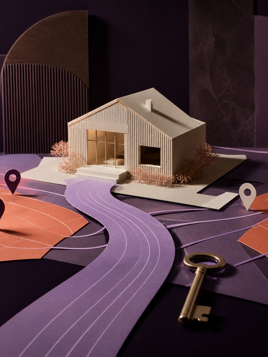 Editorial property-search composition with an architectural model, key, maps, and location markers.
