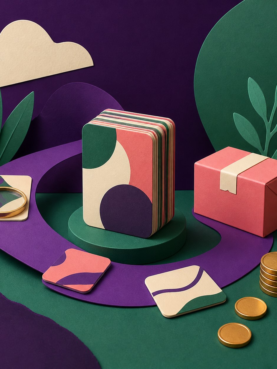 Editorial ecommerce composition with educational cards, a parcel, and unmarked coins.