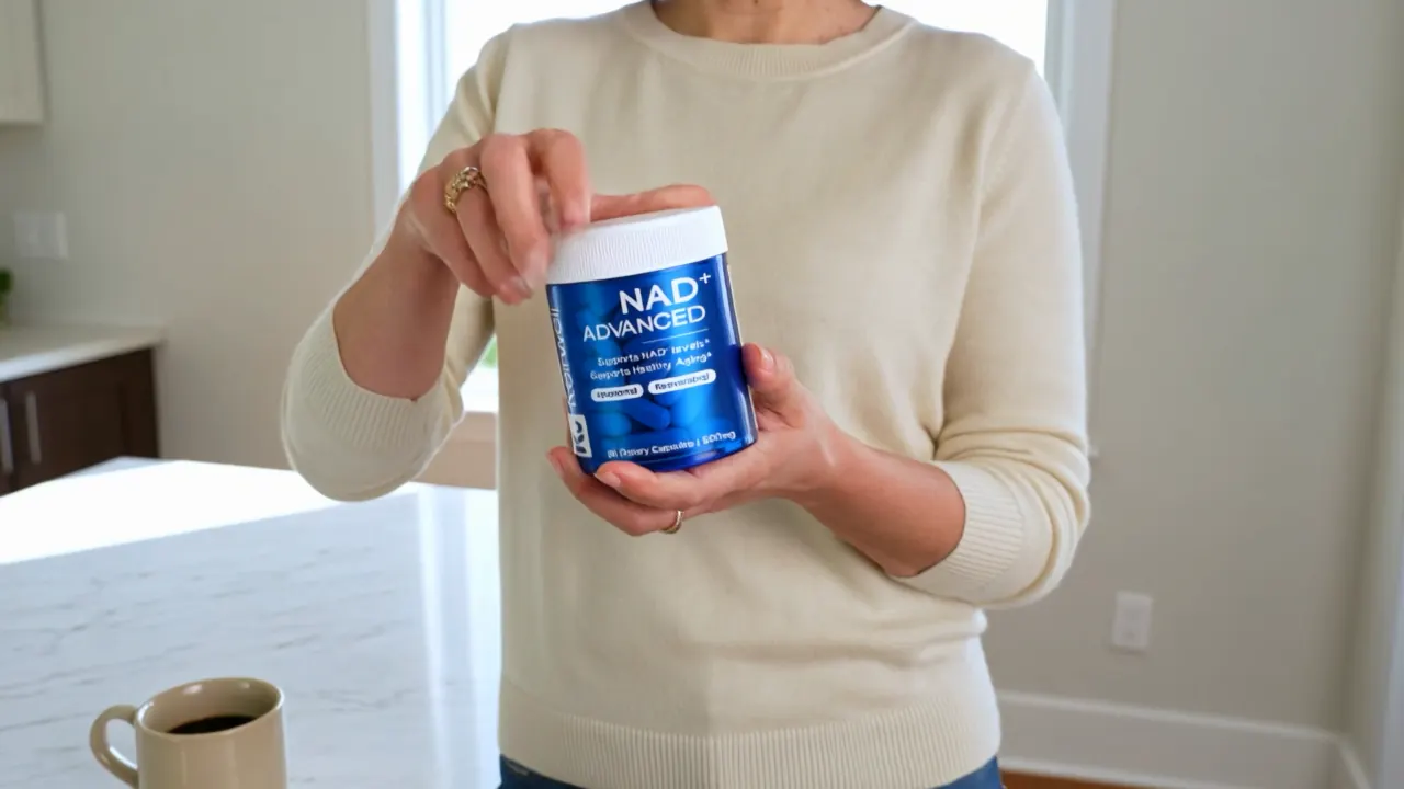 A person holding a blue NAD+ Advanced product jar in a bright kitchen.