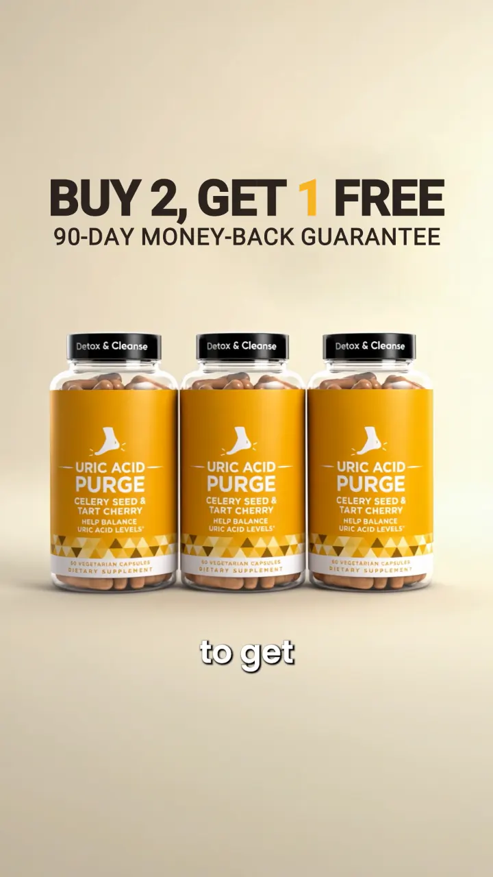 Three Uric Acid Purge supplement bottles in an offer frame.